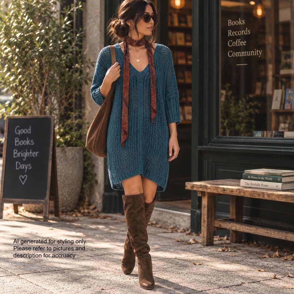 Free People Womens Forest Green Open Knit V-Neck Oversized Tunic Sweater Large